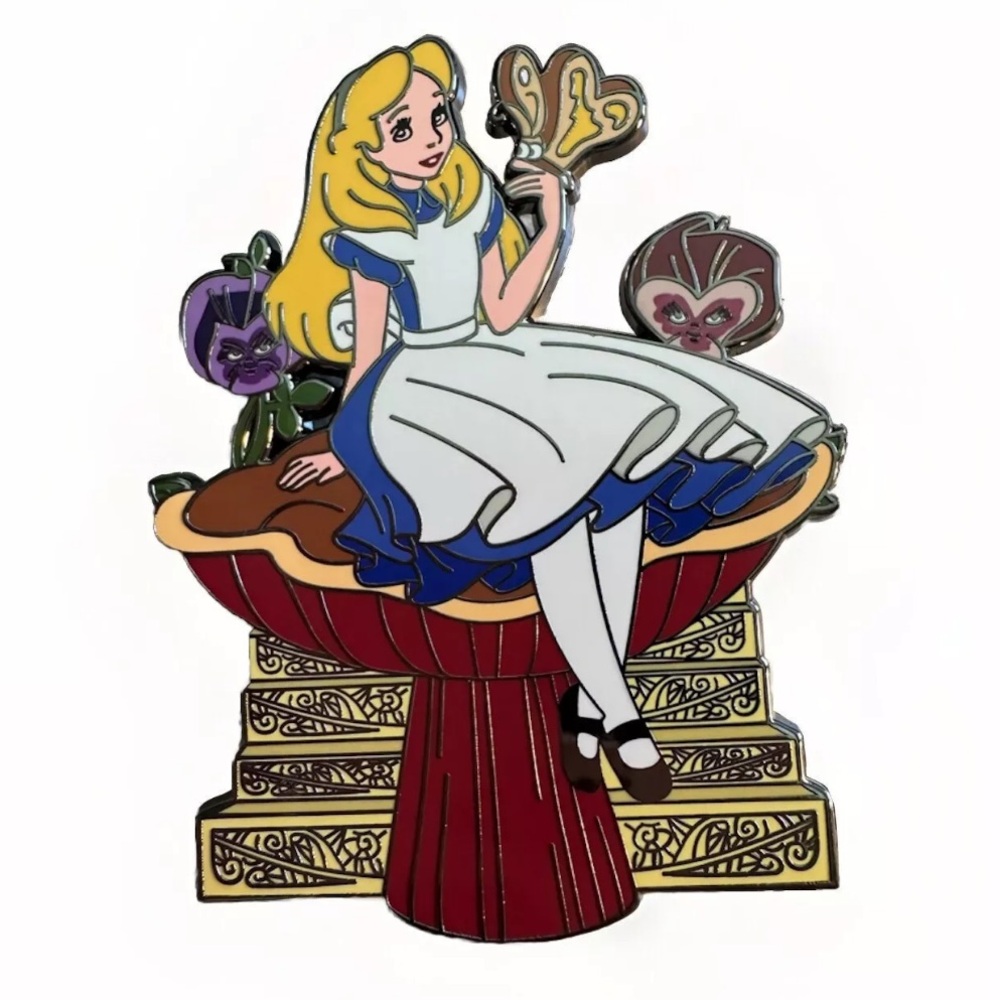 Disney Fantasy Pin Alice Wonderland Mushroom Butterfly Pansies Flowers 3" Large